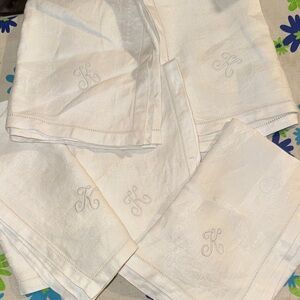 Elegant Monogrammed White Napkins “K” set of 5, 14.5” by 15” vintage damask